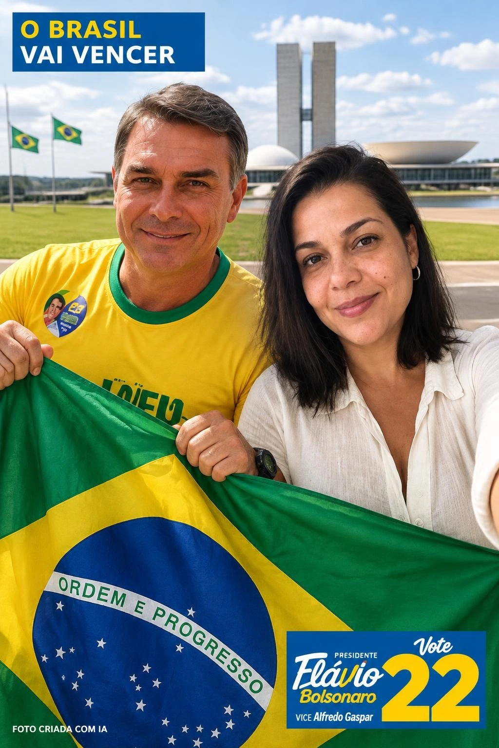 Exemplo de selfie virtual com Flávio segurando uma bandeira do Brasil, ao lado de uma participante