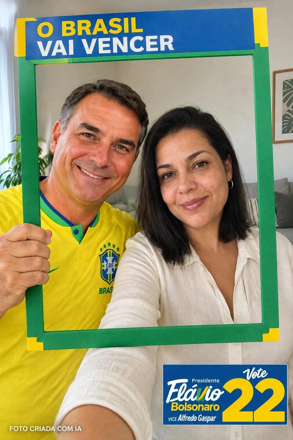 Selfie ilustrativa gerada: Camisa do Brasil, Moldura física · Fundo original