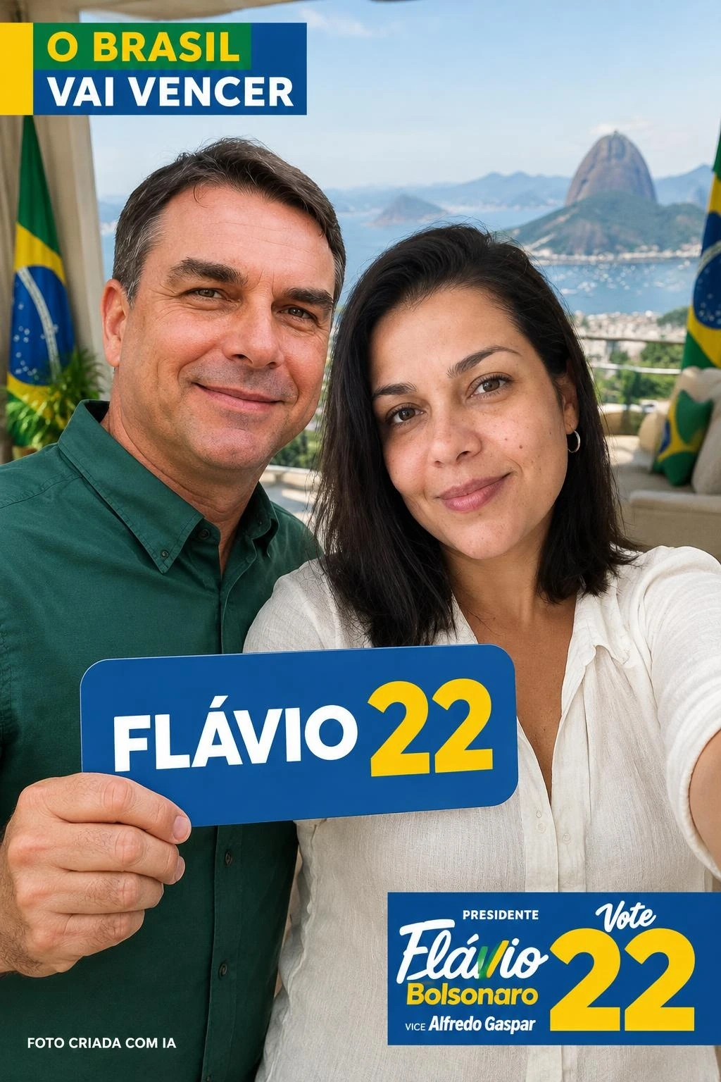 Selfie ilustrativa gerada: Camisa verde, Com plaquinha · Exemplo no Rio